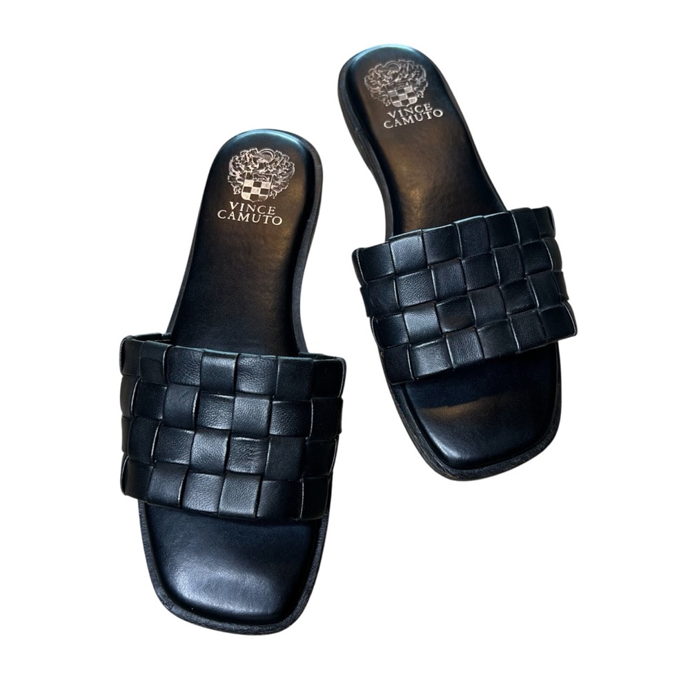 Vince Camuto Black Leather Woven Pattern Nanchia Slide Sandals, Women’s 9